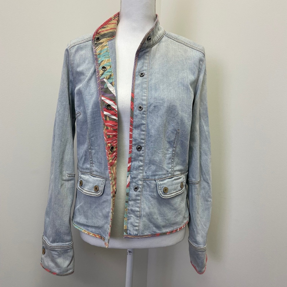 Y2K Gap Stretch Light Wash Mandarin Collar Denim Jacket M Tropical Lining VTG - Picture 2 of 16
